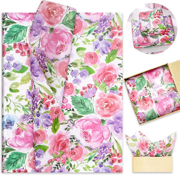 Whaline 100Pcs Floral Tissue Paper, Watercolor Flower Gift Wrapping Paper for Home and Party Gift Wrap