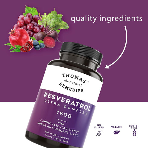 Thomas' Resveratrol 1600mg Organic Antioxidant Supplement with Grape Seed Extract & Quercetin, 120 Capsules
