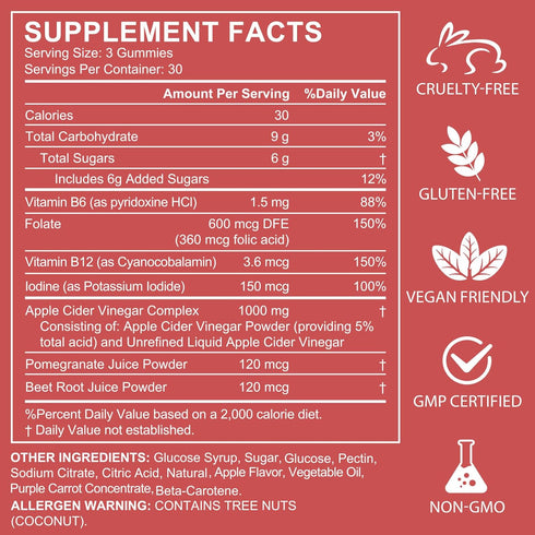 NIFEISHI Gummies, (1000mg) (90Count) Gummies B6 B12, Apple Cider Vinegar Apple Cider Vinegar with Mother, ACV w/Vitamin