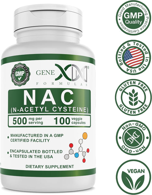 GENEX NAC 500mg - N-Acetyl Cysteine Supplement for Liver Health, Non-GMO, Gluten Free, Vegan (100 Capsules)