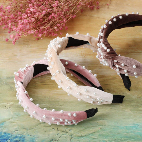 WILLBOND 3 Pieces Knotted Headband Set for Women, Retro Velvet Pearls Hair Accessories (Beige, Pink, Pale Mauve)