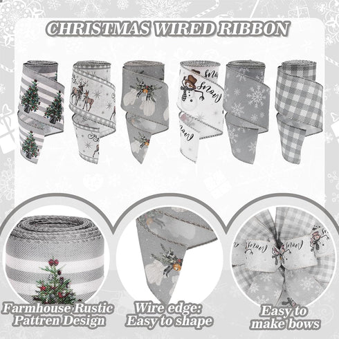 AnyDesign 6 Roll Christmas Wired Ribbon, Farmhouse Rustic Craft Ribbon for Xmas Crafts and Gift Wrapping