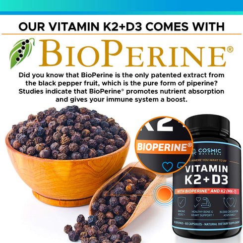 K2 D3 Vitamin Supplement 5000 Iu - For Healthier Bones, Blood, Heart, And Better Immunity - Enhanced Calcium Absorption With Bioperine - 100% Natural And Allergen-free - Vitamin D3 K2 Mk7 5000 Iu