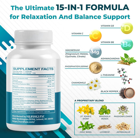 NURAFUSE 15-in-1 CORTISOL Health Ashwagandha Supplement with Magnesium Phosphatidylserine L-Theanine Chamomile Rhodiola