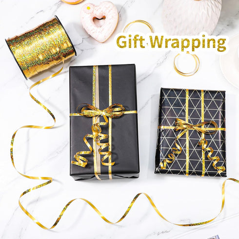 600 Yards Gold Curling Ribbon, 1/5 Inch Metallic Ribbons for Gift Wrapping, Art Crafts, Wedding, Birthday Party
