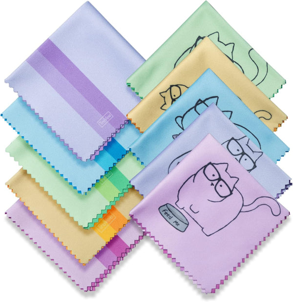 10 Pack Cute Kitty Cat Design Microfiber Cleaning Cloths, Multicolor for Eyeglasses, Sunglasses, Cell Phone