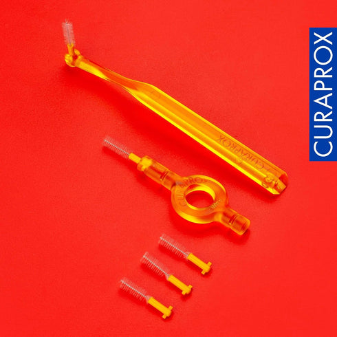 Curaprox CPS 09 Prime Start Interdental Brushes Set, 5 Brushes + 2 Holders, 0.9 mm Diameter, Yellow for Effective