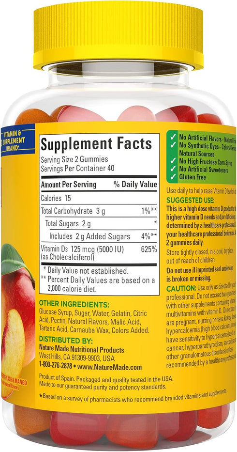 Nature Made Extra Strength Vitamin D3 5000 IU, Dietary Supplement for Bone, Teeth, Muscle Health, 80 Gummies