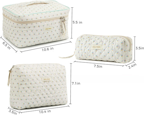 HBselect 3 PCS Quilted Makeup Bag, Large Travel Cotton Cosmetic Bag, Cute Floral Toiletry Bag for Women Girls