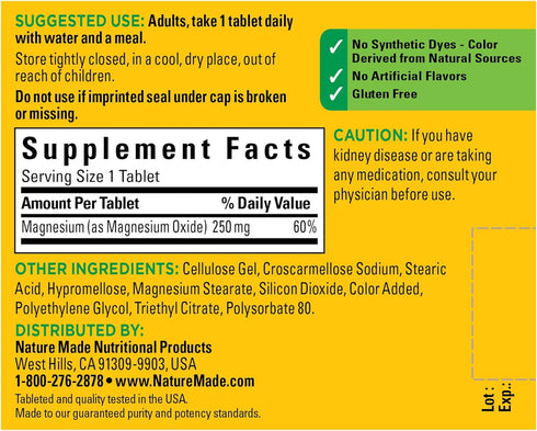 Nature Made Magnesium Oxide 250 mg, 100 Tablets for Muscle, Heart, Bone and Nerve Health Support, 100 Day Supply