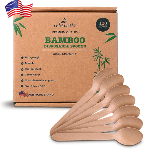 100 Count Eco-Friendly Heavyweight Bamboo Spoons 6" - Durable, Heat Resistant, Comfortable Alternative to Plastic