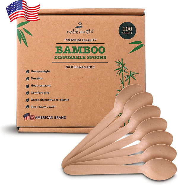 100 Count Eco-Friendly Heavyweight Bamboo Spoons 6" - Durable, Heat Resistant, Comfortable Alternative to Plastic