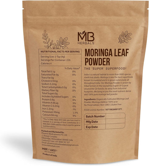 MB Herbals Moringa Leaf Powder 1 lb / 16 oz (454 Gram) | 100% Pure Moringa Powder | Antioxidants Calcium Iron Protein & Vitamins | Easily Mixes in Drinks & Smoothies