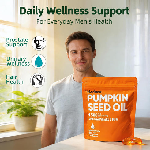 Nutribota 1500 3-in-1 Pumpkin Seed Oil Supplement mg per Serving with Saw Palmetto & Biotin, Advanced Plant-Based Mens