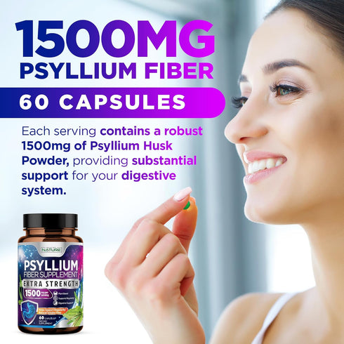 Psyllium Husk Capsules 1500mg | Natural Soluble Fiber Supplement for Digestive Health, 60 Capsules, Non-GMO, Gluten-Free