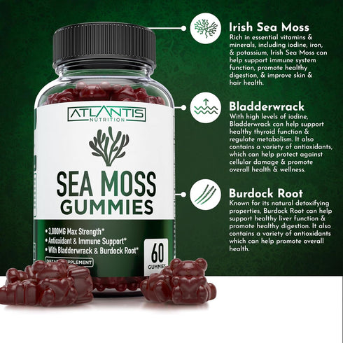 Irish Sea Moss Gummies 3000MG - 60 Gummies with Irish Sea Moss, Bladderwrack & Burdock Root for Essential Vitamins