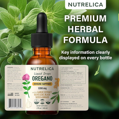 Immune 1200mg, Oregano Oil with Garlic Extract, Olive Leaf, Black Seed Oil & Ginger Support & Wellness No Sugar