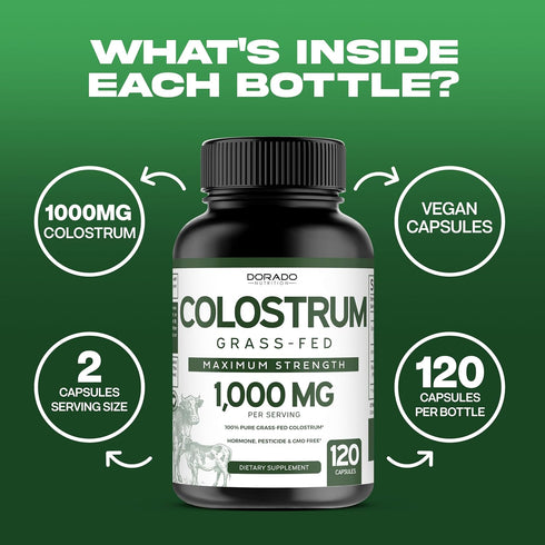 Colostrum Supplement 1000mg - Bovine Colostrum Capsules, Grass Fed, 120 Vegan Capsules, Gluten Free