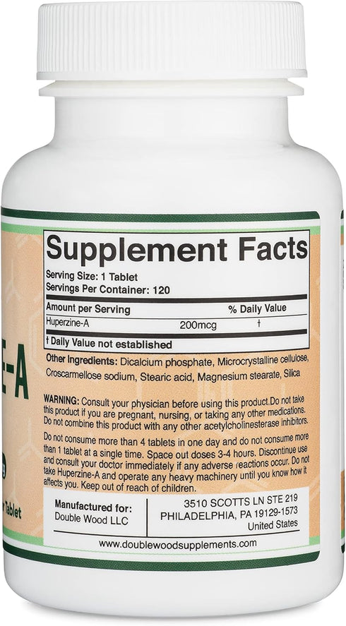 Huperzine A 200mcg, Non-GMO, Gluten Free, 120 Tablets, Brain Supplement for Memory and Focus by Double Wood