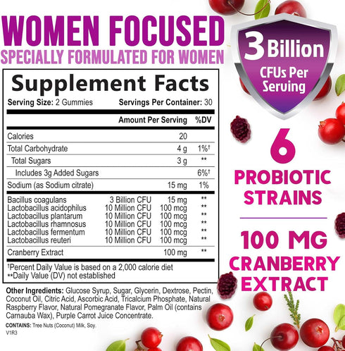 Probiotic Gummy for Women - Digestive Health Support, 3 Billion CFU Womens Probiotic for Vaginal pH, Urinary & Immune Support, 6 Diverse Strains w/ Cranberry, Non-GMO Probiotics - 60 Gummies