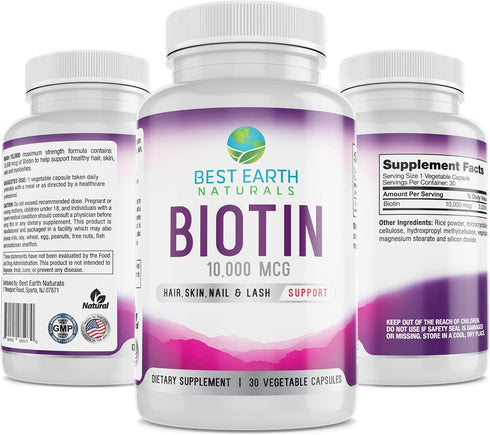 Biotin 10,000mcg - Extra Strength Biotin Vitamin Supplement to Support Hair Growth, Strong Nails, Long Eye Lashes and Healthy Skin
