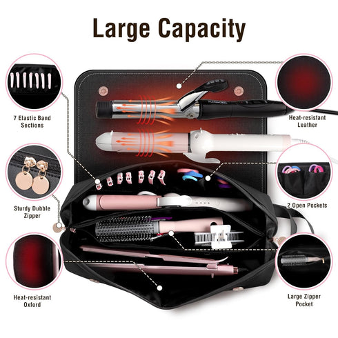 SS Hair Tools Travel Bag and Heat Resistant Mat for Hot Tools, Portable Leather Curling Iron Case for Women, Black
