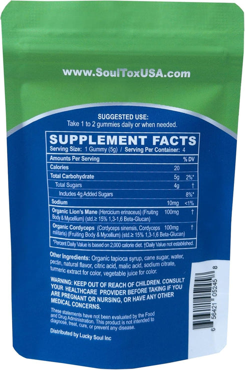 Soultox Focus Lion's Mane Gummies - Citrus Flavor - Vegan Formulation with Organic Lions Mane and Cordyceps - Enhance Memory, Focus and Energy - Citrus Flavor - Single Pack