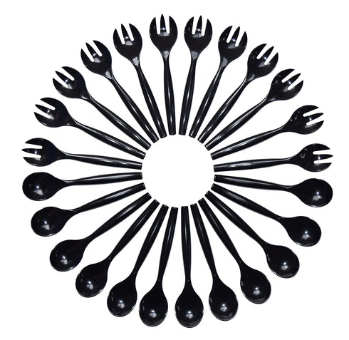 24 Heavy Duty Disposable Plastic Serving Utensils, Twelve 10" Forks & Spoons, Black