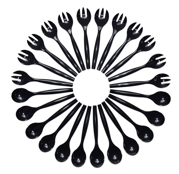 24 Heavy Duty Disposable Plastic Serving Utensils, Twelve 10" Forks & Spoons, Black