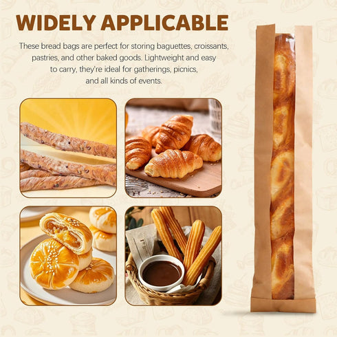 Yitexin 100 Packs Packaging (100Pcs) Paper Bread Bags with Clear Front Window, Reusable Baguette Bags for Homemade
