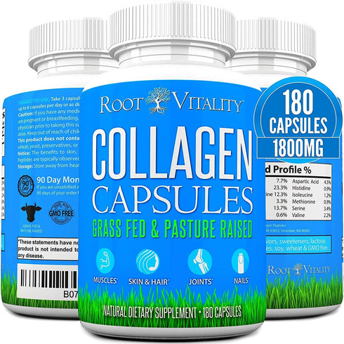 Collagen Peptides Capsules - Grass-Fed Hydrolyzed Protein Supplement for Skin, Hair, & Nails, 180 Capsules
