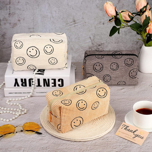 3 Pcs Corduroy Cosmetic Bag, Smile Face Aesthetic Preppy Makeup Organizer for Women, Travel Pouch (White, Gray, Yellow)