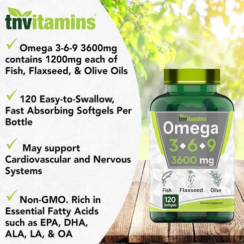 Triple Omega 3? 6? 9: 3600mg x 120 Softgels | Omega Essential Fatty Acids from Fish Oil, Flaxseed Oil, & Olive Oil