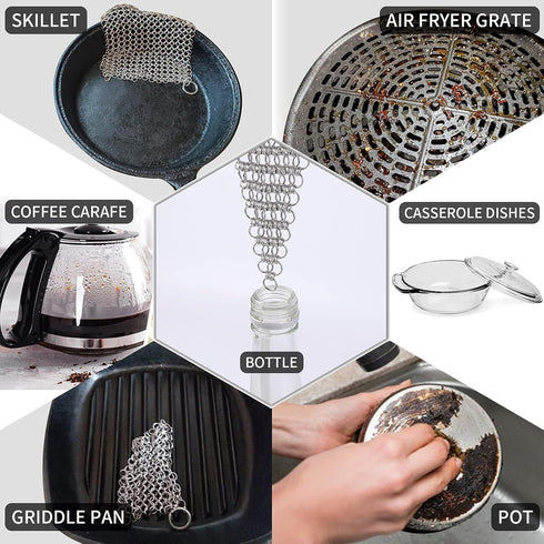 2Pack Cast Iron Scrubber - Stainless Steel Chain Mail Scrubber for Dutch Oven, Carbon Steel Wok, Grill Pan Cleaning Tool
