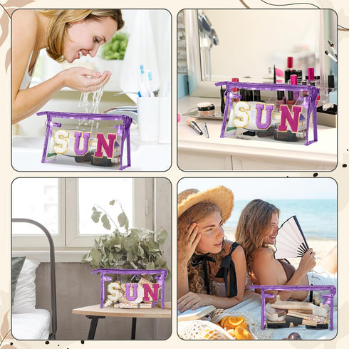 Y1tvei Clear SUN Makeup Bag - 2Pcs Preppy Purple Chenille Varsity Letter Cosmetic Bag, Waterproof Beach Travel Pouch
