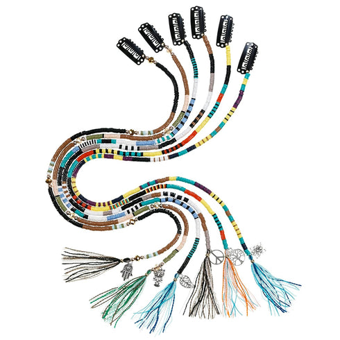 minihope 21 Inch Bright Spacer Bead Hair Wrap Set - 6 Styles with Tassels, Hair Clips, and Retro Charm for Women and