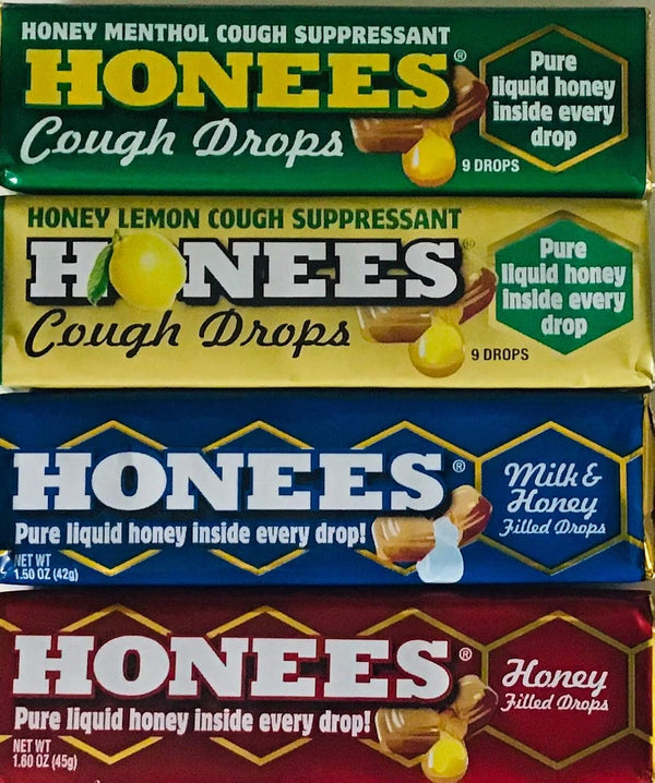 Honees Honey Filled Drops Variety Pack (Honey, Milk & Honey, Honey Lemon, Menthol) - Natural Sore Throat Relief,