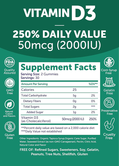 Vitamin D3 Gummies for Adults and Kids - Non-GMO, 2000IU Supplement for Immunity, Bone and Mood Support, 60 Count