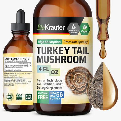 BIO KRAUTER Turkey Tail Mushroom Supplement, Vegan Immune Support Drops, Alcohol & Sugar Free, 4 Fl.Oz.