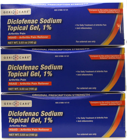 GeriCare Topical Arthritis Pain Relief Gel, Diclofenac Sodium 1% (NSAID) for Hand, Wrist, Elbow Pain (3 Pack)