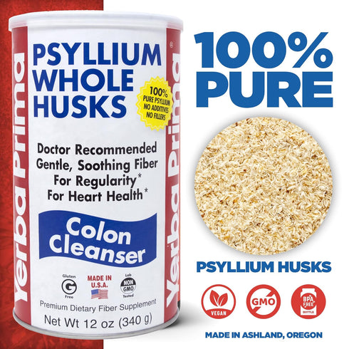 Yerba Prima Psyllium Husk, 12 Ounce - Whole Husk Fiber Supplement, Vegan, No Sugar or Artificial Sweeteners, Non GMO, Gluten Free