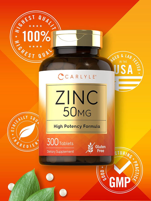 Carlyle Zinc | 50mg | 300 Tablets - Vegetarian, Non-GMO, Gluten Free Supplement | High Potency Formula