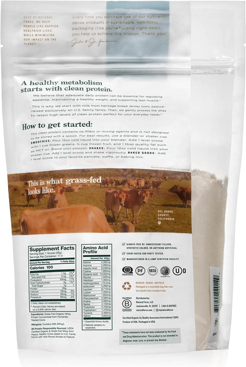 Natural Force Grass Fed Organic Whey Protein Powder - Non GMO, Keto Friendly, Low Carb, Kosher, Pure & Unflavored, 16
