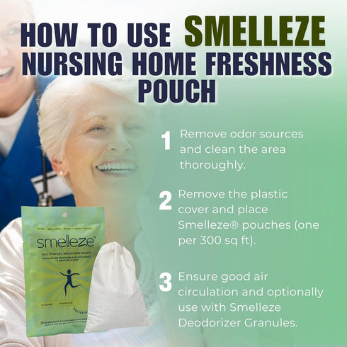 SMELLEZE Reusable Elderly Odor Eliminator Pouch, Nursing Home Deodorizer, 150 Sq. Ft. Coverage