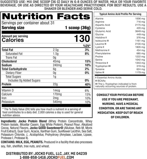 Jocko Moelk Whey Protein Powder - 22g Sugar Free Monk Fruit Blend, Muscle Recovery & Growth, 31 Servings, Chocolate