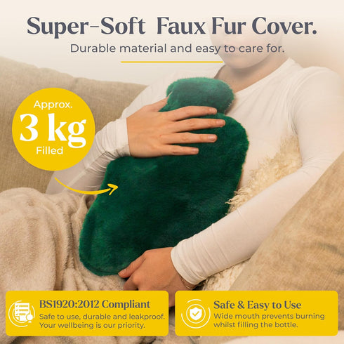 Qomfor 3L Hot Water Bottle - with Soft Premium Fleece Cover - Green, - Heating Pad for Menstrual Cramps and Period