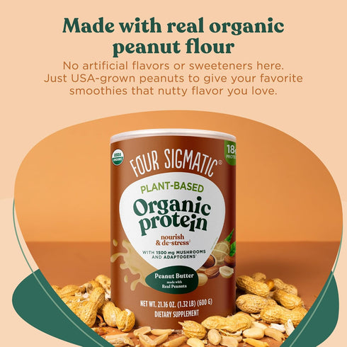 Four Sigmatic Organic Plant-Based Protein Powder, Peanut Butter Flavor, Clean Vegan Protein, 21.16 oz