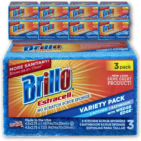 Brillo Estracell Sponges, Premium Long Lasting, Kitchen & Bathroom with Wedge Edge