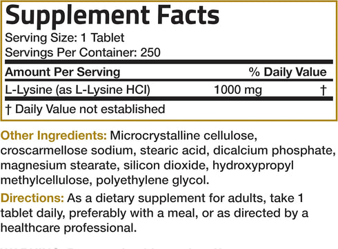 Bronson L-Lysine Extra Strength 1000 MG per Tablet, High Potency Immune Support, 250 Vegetarian Tablets