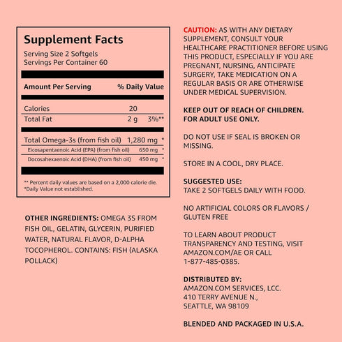 Omega-3, Omega-3 1280 120 (Packaging Amazon Elements Super Wild-Caught Fish Oil, Natural Lemon Flavor, EPA & DHA Fatty